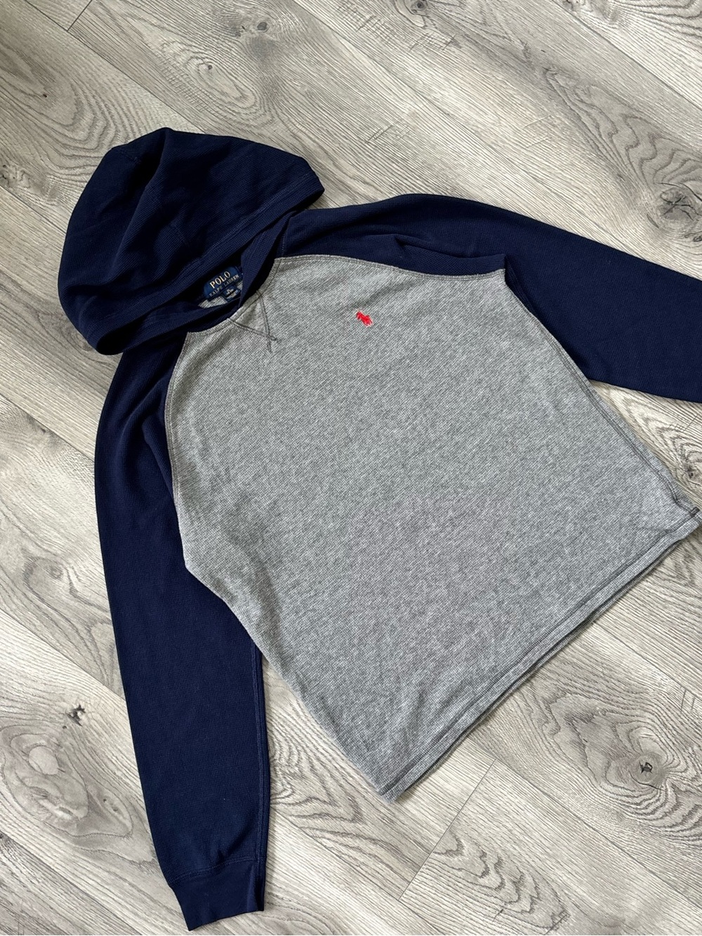 Polo Ralph Lauren Grey & Navy Waffle Hooded Shirt - Boys XL (18-20)